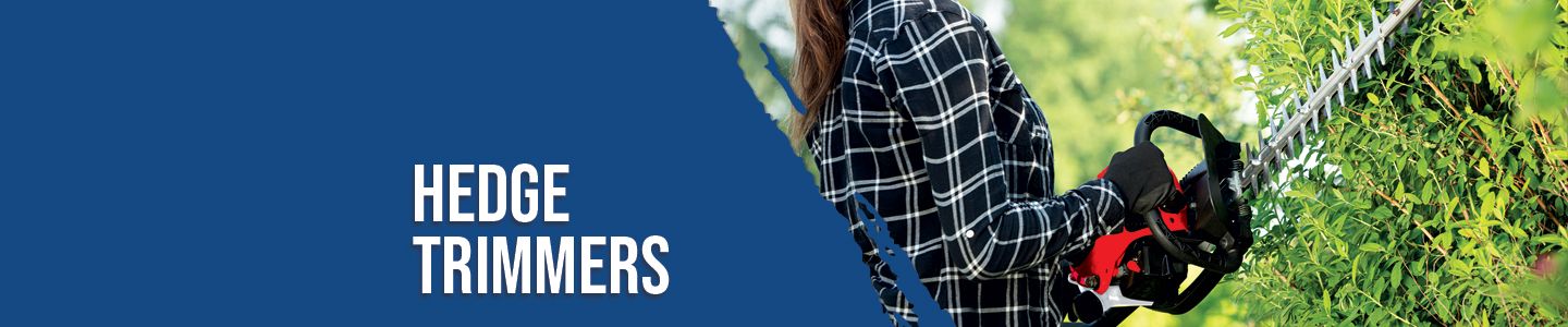 Person trimming hedge with Scheppach hedge trimmer. Hedge trimmer has black and red handles. Background is blue.