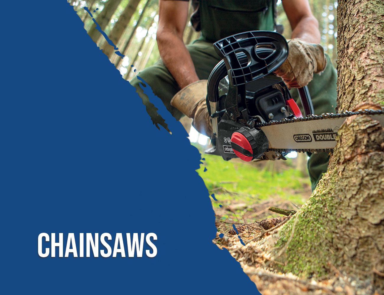 A person is using a Scheppach chainsaw to cut a tree trunk. The saw has a black casing and a chain labelled 'OREGON DOUBLE'.