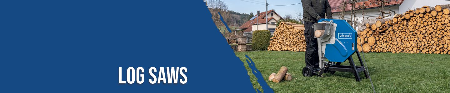 A Scheppach log saw machine in use on a lawn with stacks of logs in the background. A man is operating the saw, which is mounted on a stand.