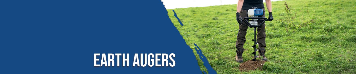 Person using an earth auger on a grassy field. Scheppach logo in the background.