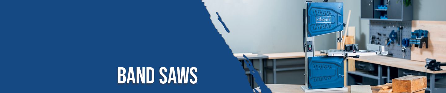 Scheppach band saw in a workshop setting. Tools and wood blocks in the background.