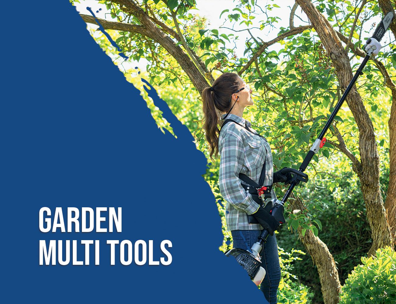 A person is operating a garden multi-tool on a tree. The tool is a product by Scheppach.