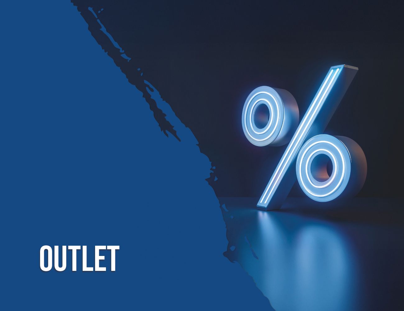 A large percentage symbol on a dark background with an outline of a country. The word 'OUTLET' is visible at the bottom left.