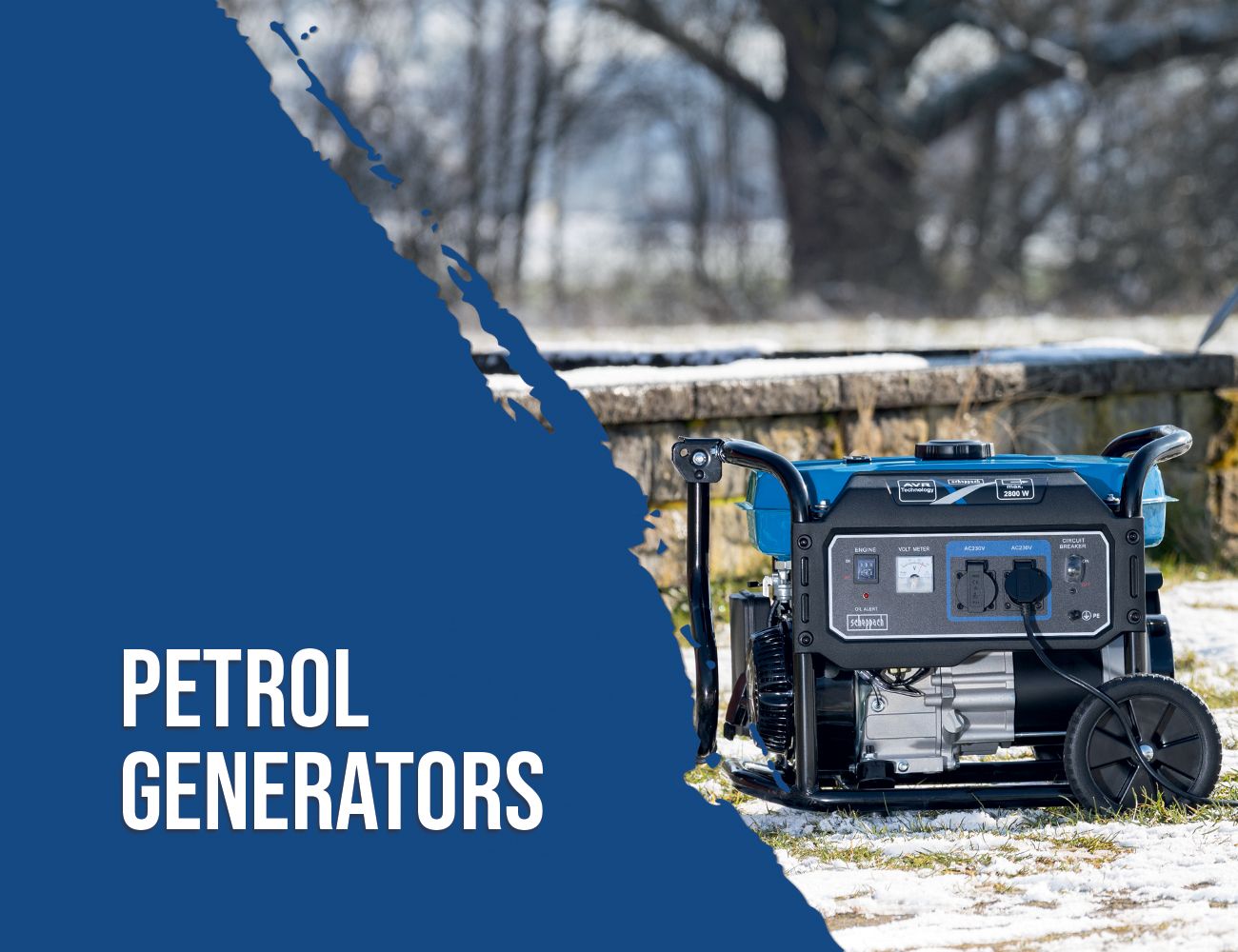 Scheppach petrol generator outdoors, with displays and sockets on the front.