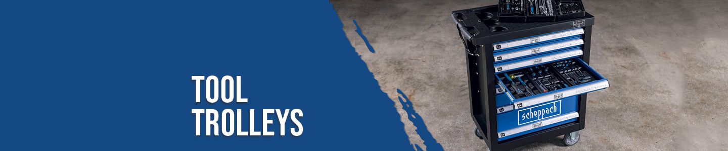 A Scheppach tool trolley with multiple drawers, filled with tools. Ideal for organising and transporting tools.