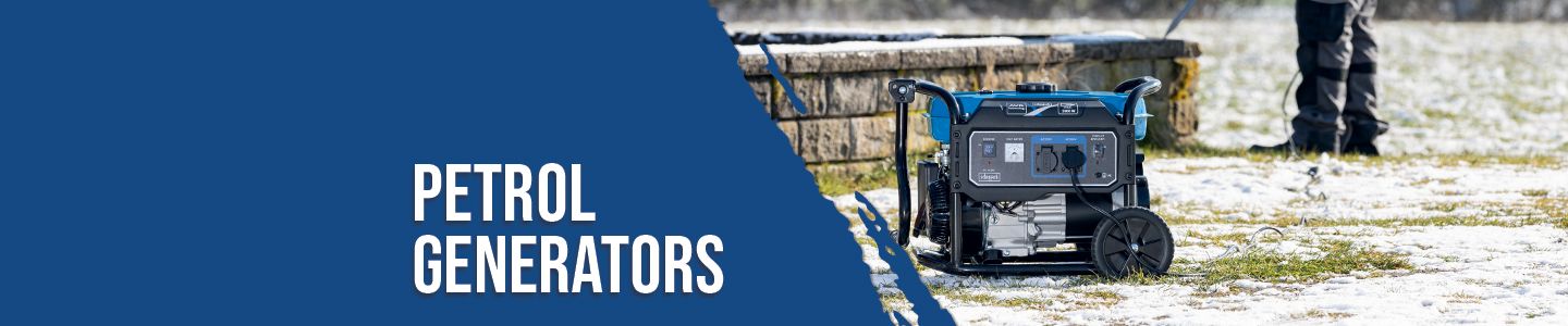 A Scheppach petrol generator on a snowy field. A worker stands nearby.