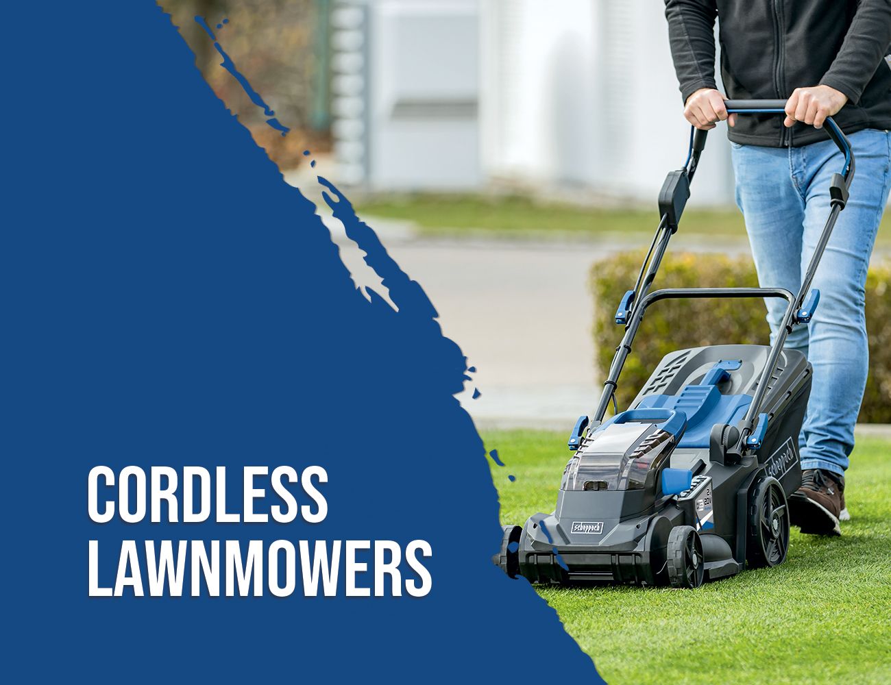 A man pushes a cordless lawnmower from Scheppach on a lawn. Category: Cordless lawnmowers.