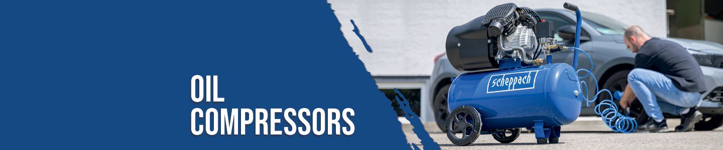 A Scheppach oil compressor is being used by a technician for car repairs. The compressor is connected with a blue hose.