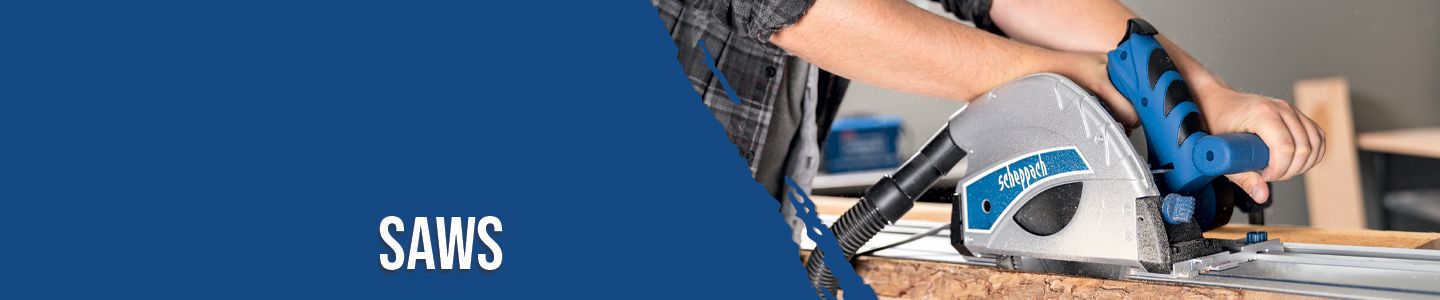 A man is operating a Scheppach circular saw on a wooden board. The saw has a blue handle and a grey body with the brand name 'Scheppach'.