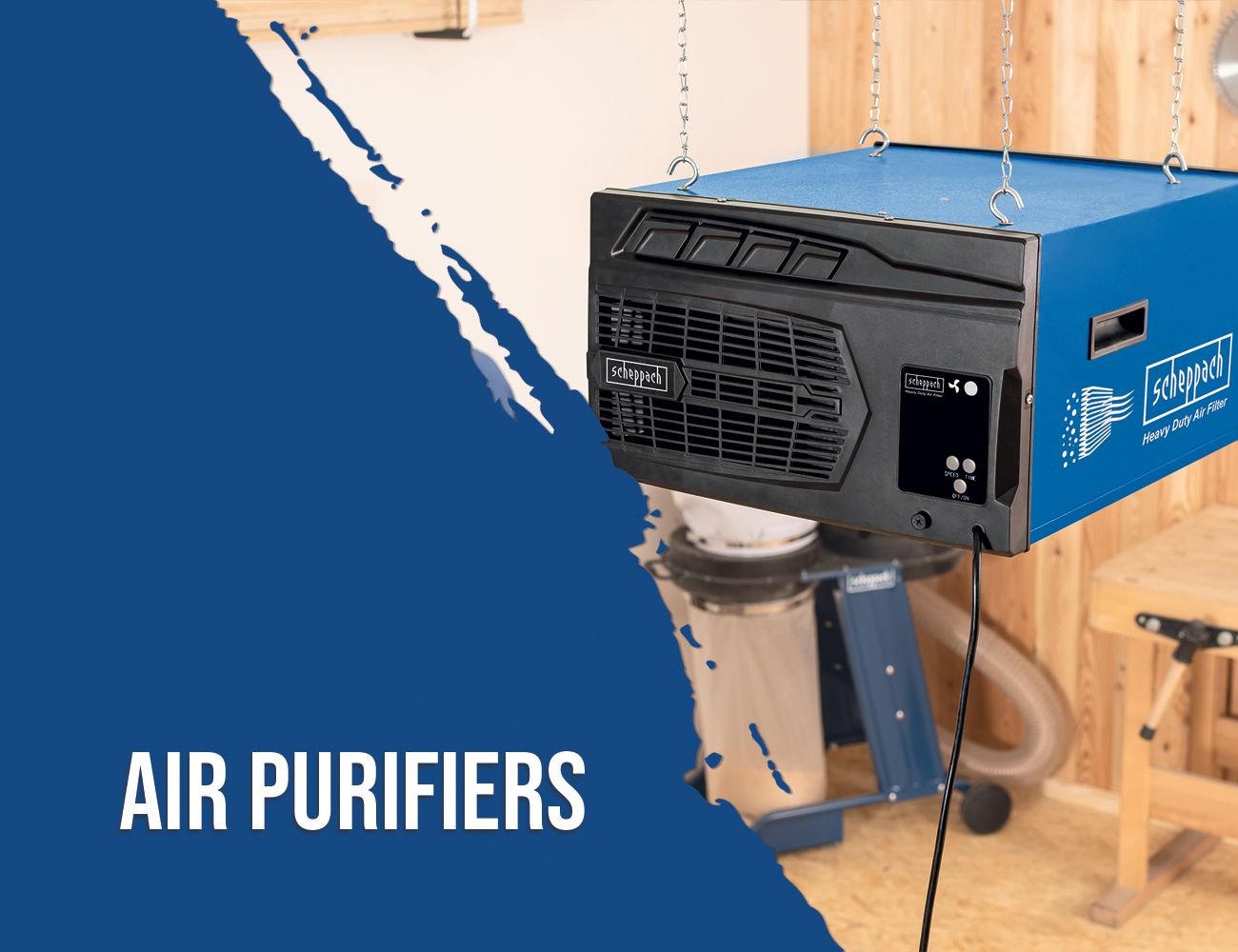 Scheppach air purifier, robust design, for efficient air filtration, ideal for workshops.