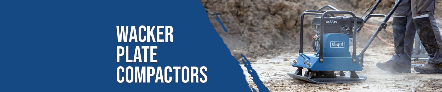 Scheppach wacker plate compactors in use. A worker operates the machine on a construction site.