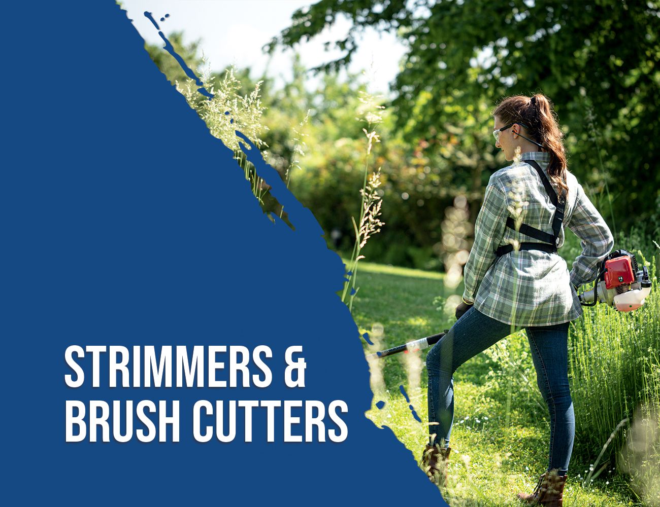 A person is operating a Scheppach strimmer or brush cutter in a green garden. The category includes strimmers and brush cutters.