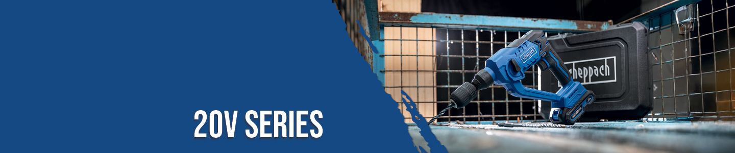 Scheppach 20V Series tool in a tool case. The 20V Series includes powerful and versatile cordless drills for various applications.