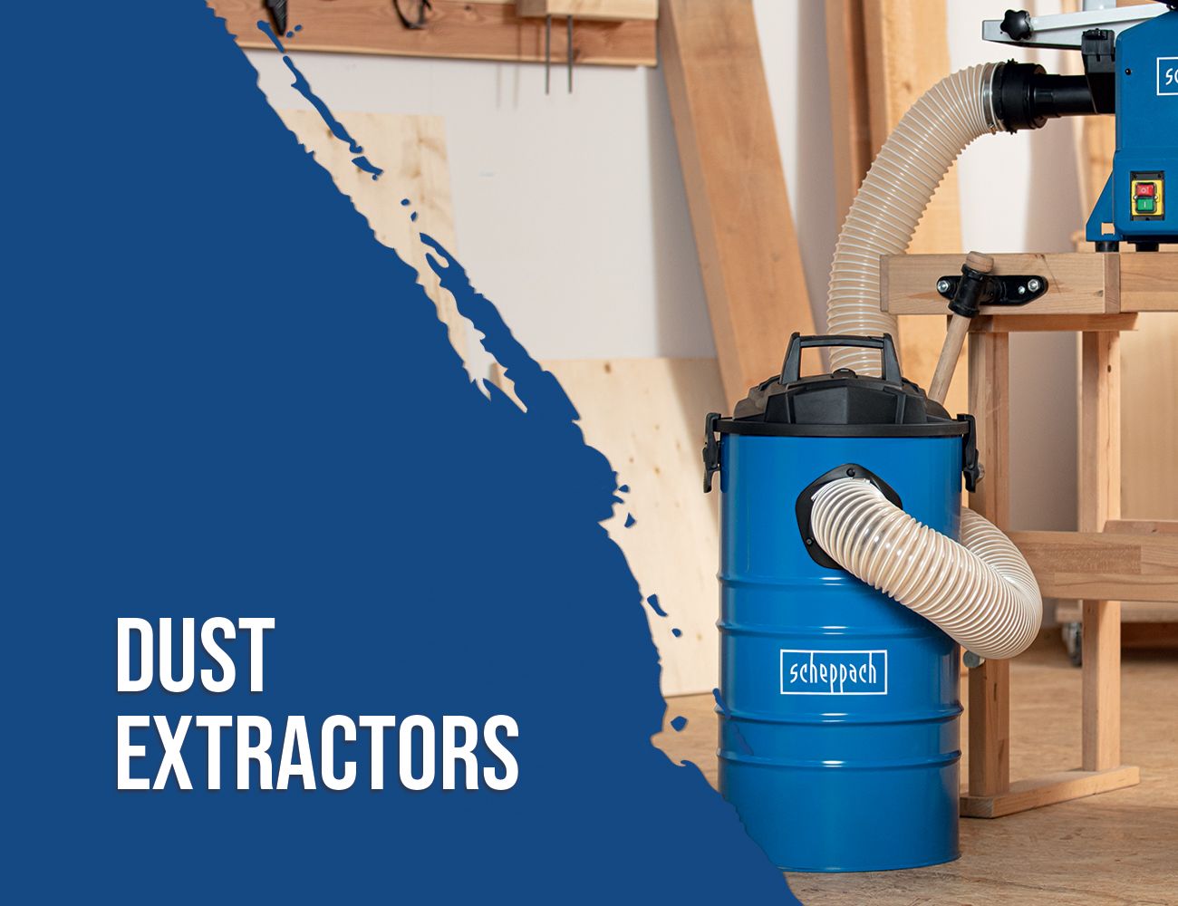 A Scheppach dust extractor connected to a power tool, used for dust extraction during work.
