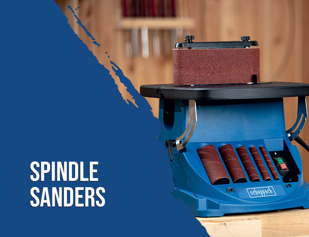 Scheppach spindle sander with various sanding attachments. Perfect for precise sanding.