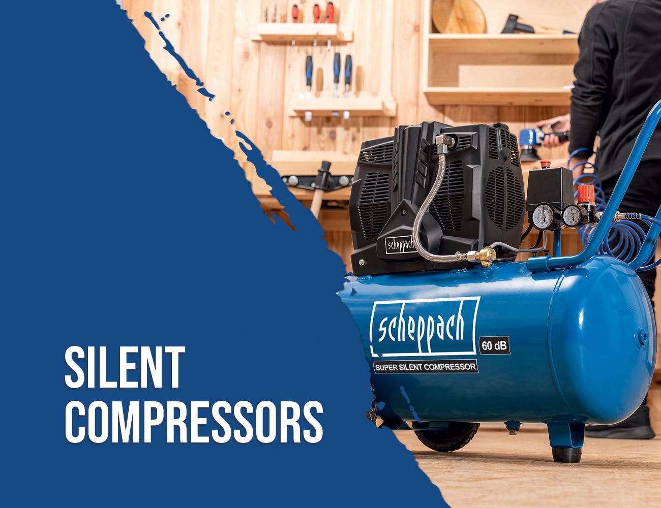 Scheppach silent compressor in the tool shop. The compressor has a noise level of 60 dB and is marked as a super silent compressor.