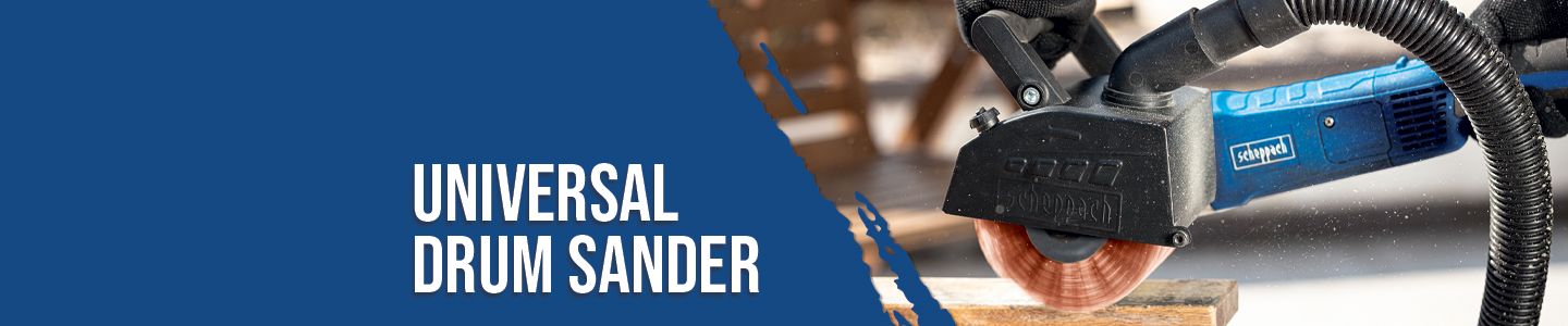 Scheppach Universal Drum Sander in use. The tool is being applied to a piece of wood.