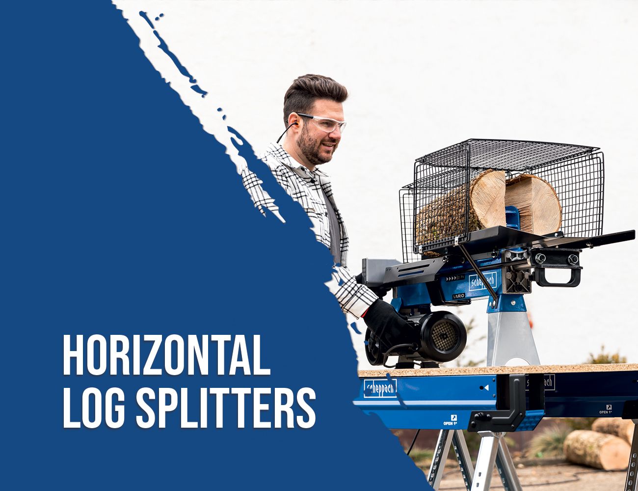 A man operates a horizontal log splitter by Scheppach. The log splitter is mounted on a work surface and has a basket for the logs.