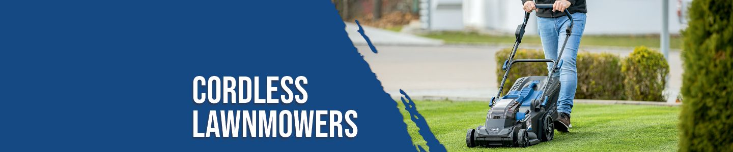 Person pushing a cordless lawnmower on a lawn. Product image from the Scheppach online shop.