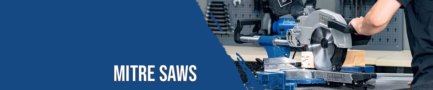 A man operates a Scheppach mitre saw in a workshop. The saw is positioned on a workpiece and used for precise cuts.