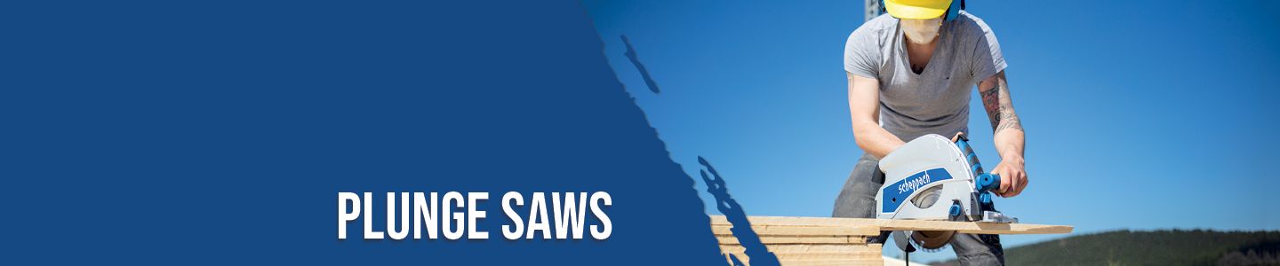 A worker uses a Scheppach plunge saw on a construction site. The saw is positioned on a wooden board while the worker wears protective gear.