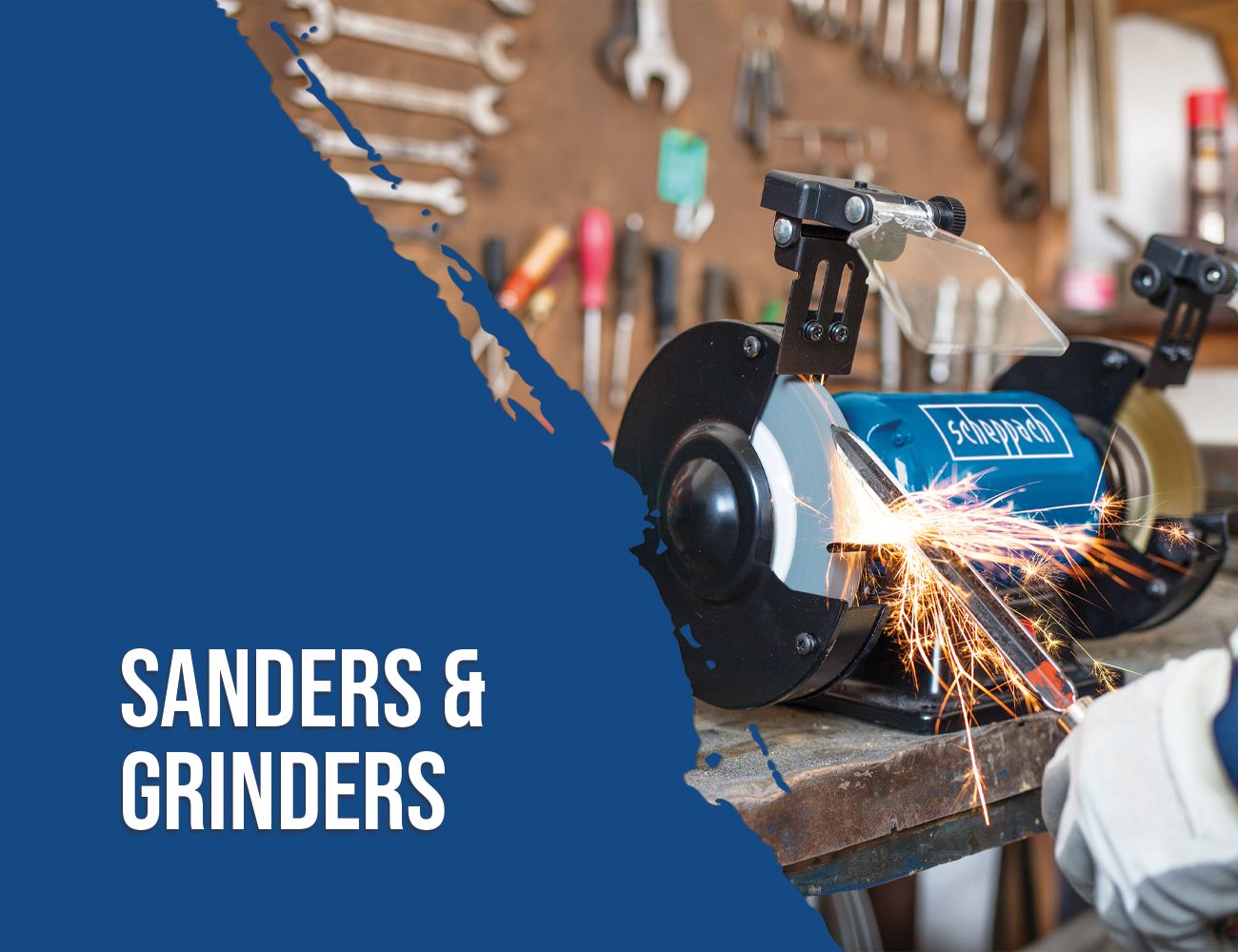 A Scheppach sander or grinder in use, with a tool rack with various tools in the background.