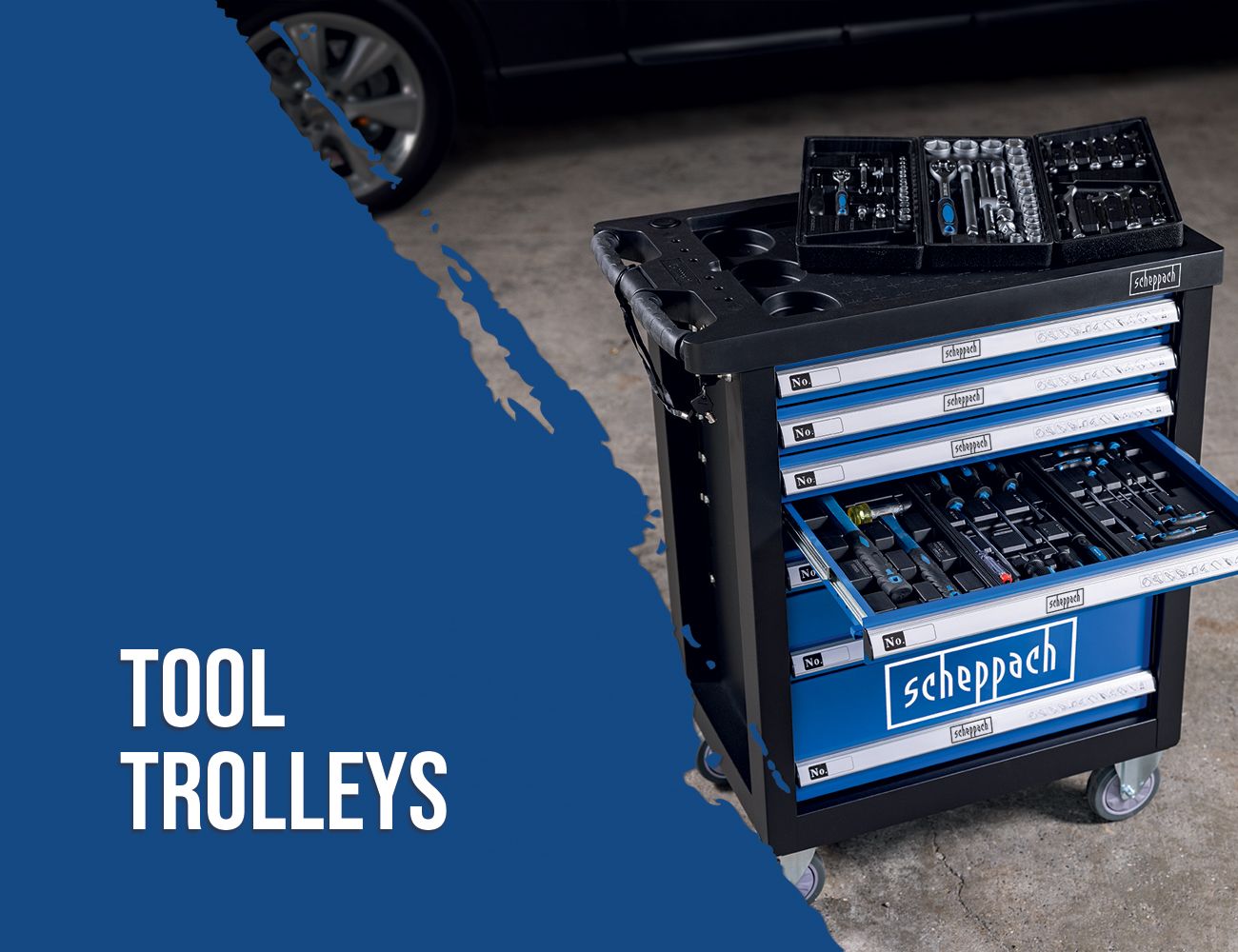 A Scheppach tool trolley with multiple drawers and a toolbox on top. The trolley has four wheels and is blue and black.