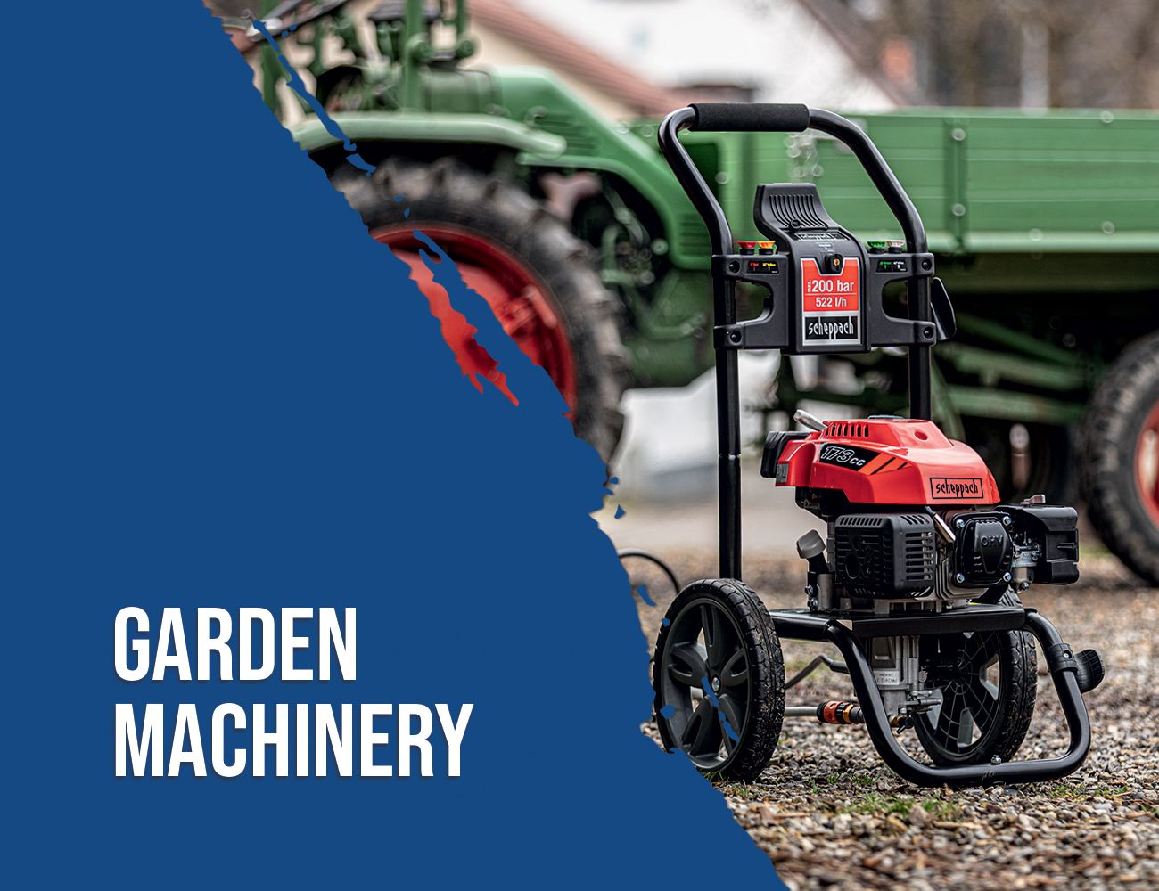 Garden machinery category in the Scheppach online shop. Shown is a pressure washer with engine and wheels.