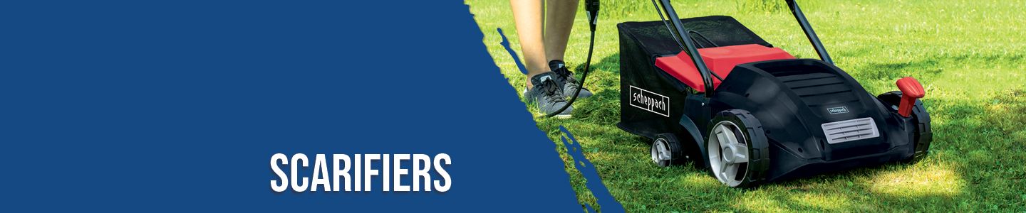 A Scheppach lawn scarifier in use on a lawn. The machine features a black and red seat and a black container. The lawn shows signs of treatment.