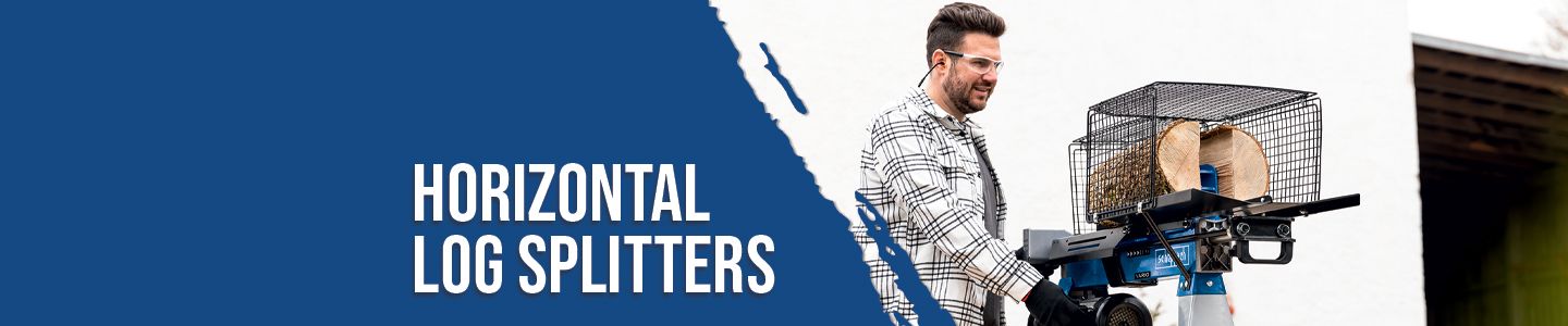 A man is operating a horizontal log splitter by Scheppach. The log splitter is loaded with pieces of wood.