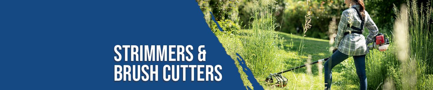 A person is operating a Scheppach trimmer or brush cutter in a green garden. The trimmer is used for cutting tall grass and weeds.