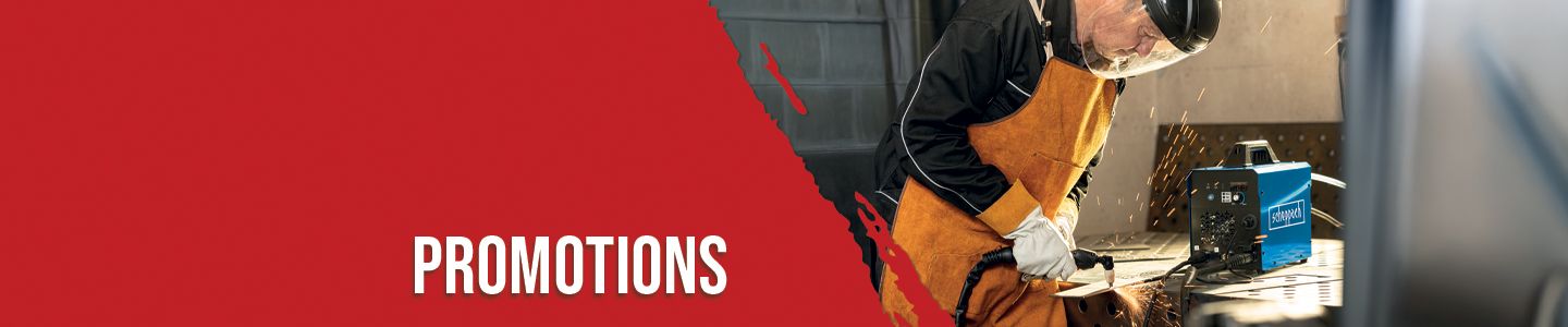 A worker uses a Scheppach tool in a workshop. Sparks fly during welding. The text 'Promotions' is prominently displayed.