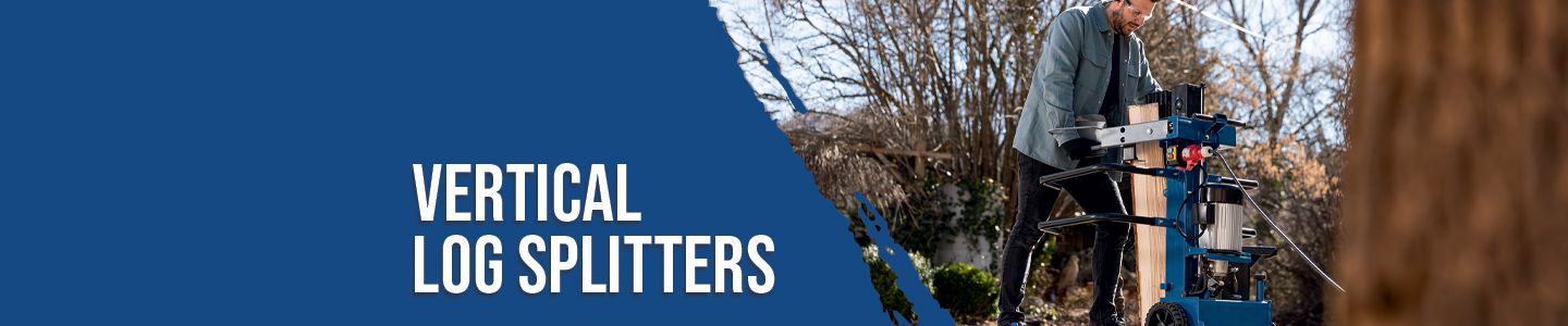 A man operates a vertical log splitter outdoors. The log splitter is a Scheppach product and is used for splitting logs.