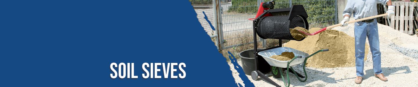 A man is using a Scheppach soil sieve machine to sift soil. The machine features a large sieve and a wheelbarrow.
