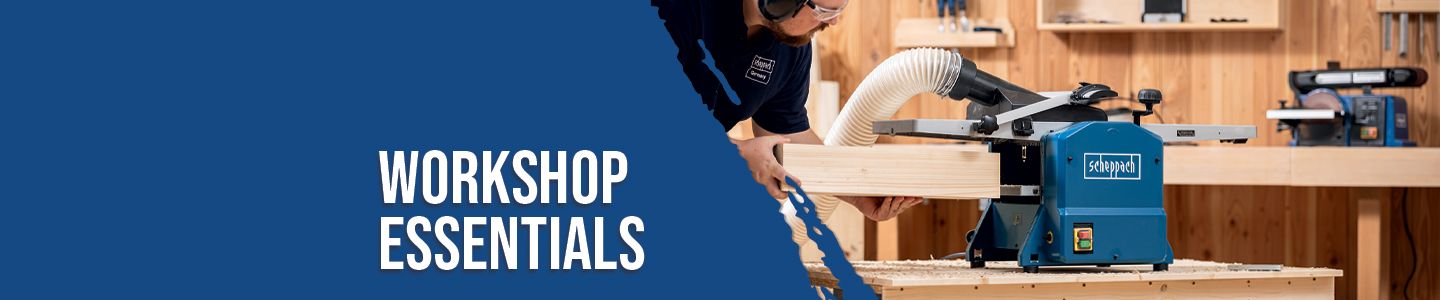A man operates a Scheppach table saw in a workshop. Various tools and wooden shelves are visible in the background. The heading reads 'Workshop Essentials'.