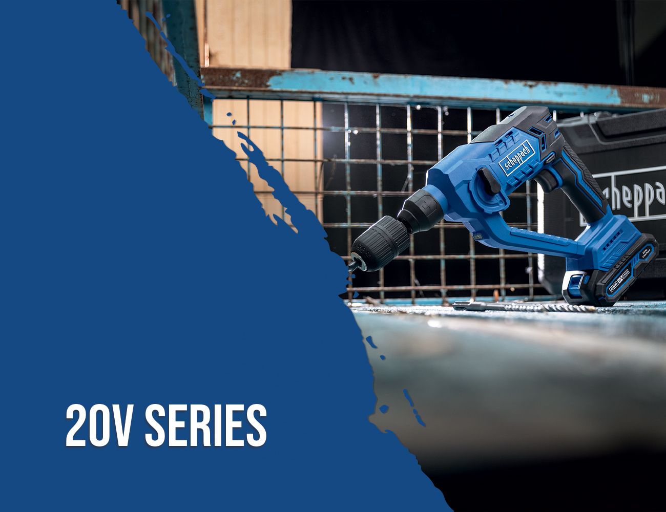 Scheppach 20V Series tool, shown in action on a metal plate. Suitable for various applications.