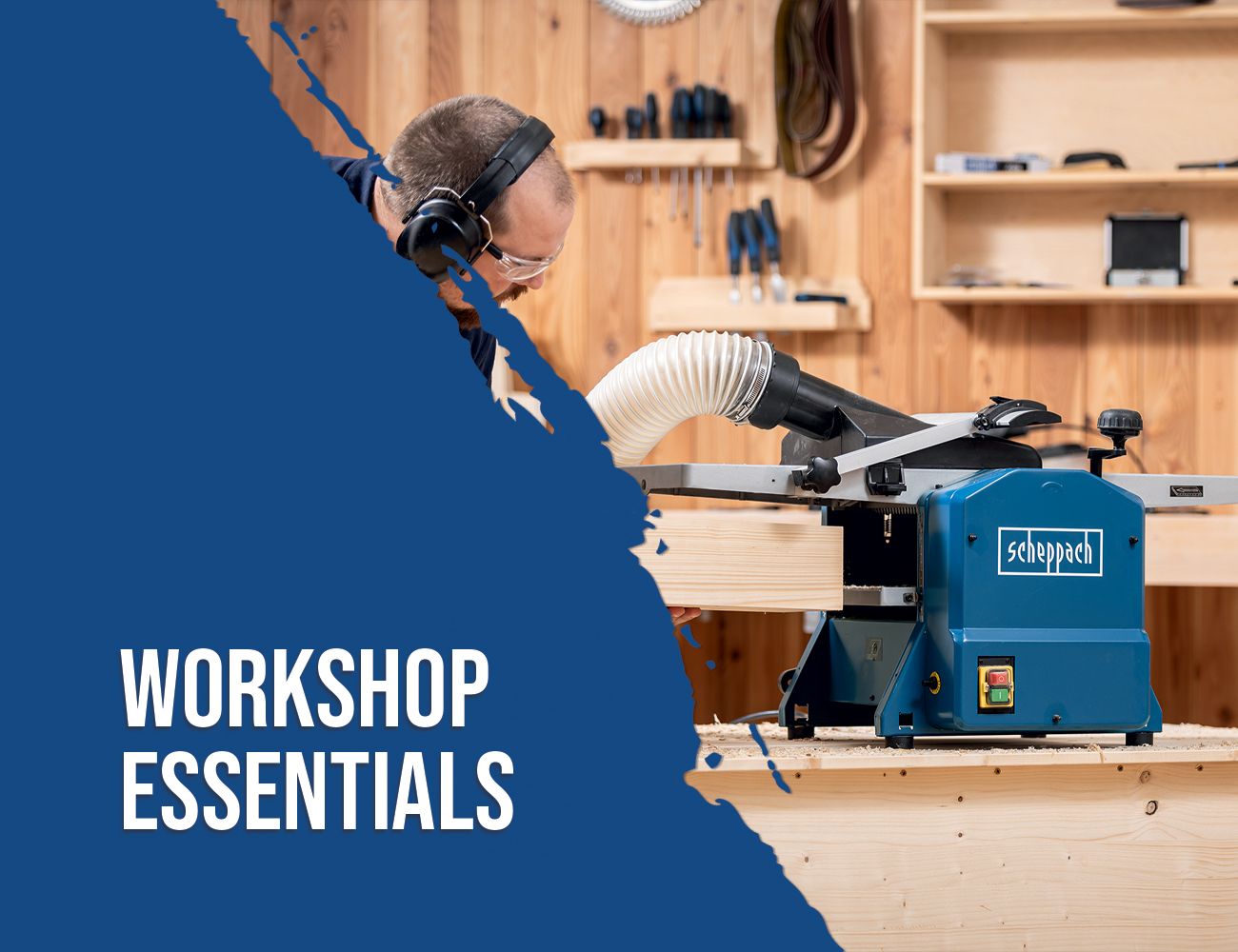 A man operates a Scheppach tool machine in a workshop. Workshop essentials include various tools and equipment. The focus is on precision and safety.
