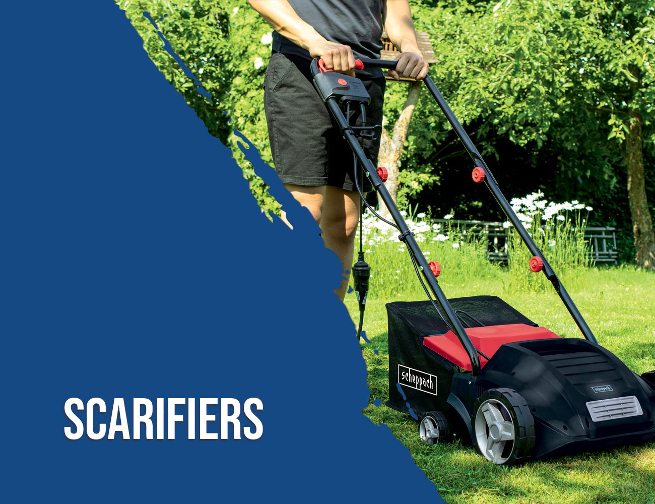A person is operating a Scheppach scarifier on a lawn. Trees and flowers are visible in the background.