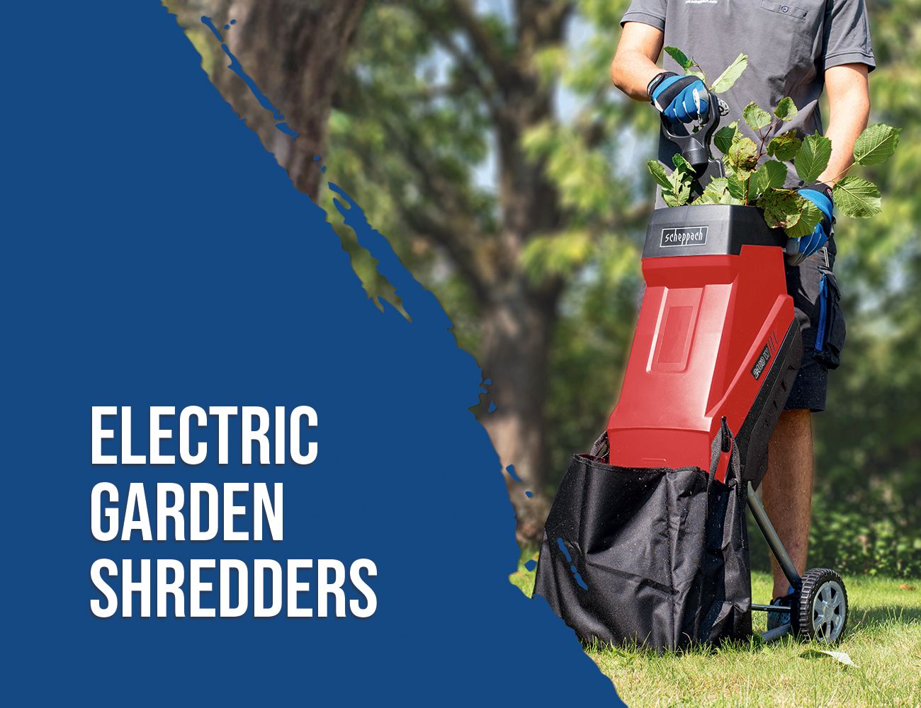 A man wearing garden gloves feeds branches into a Scheppach electric garden shredder. In the background, a garden with trees is visible.