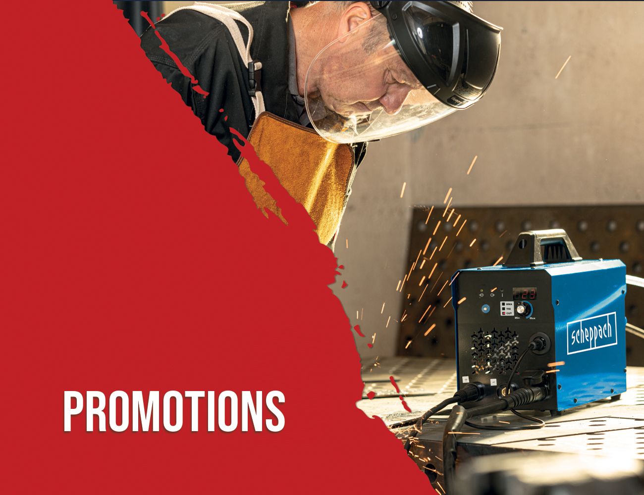A worker is welding with a Scheppach welding machine. The word 'Promotions' is in the foreground.