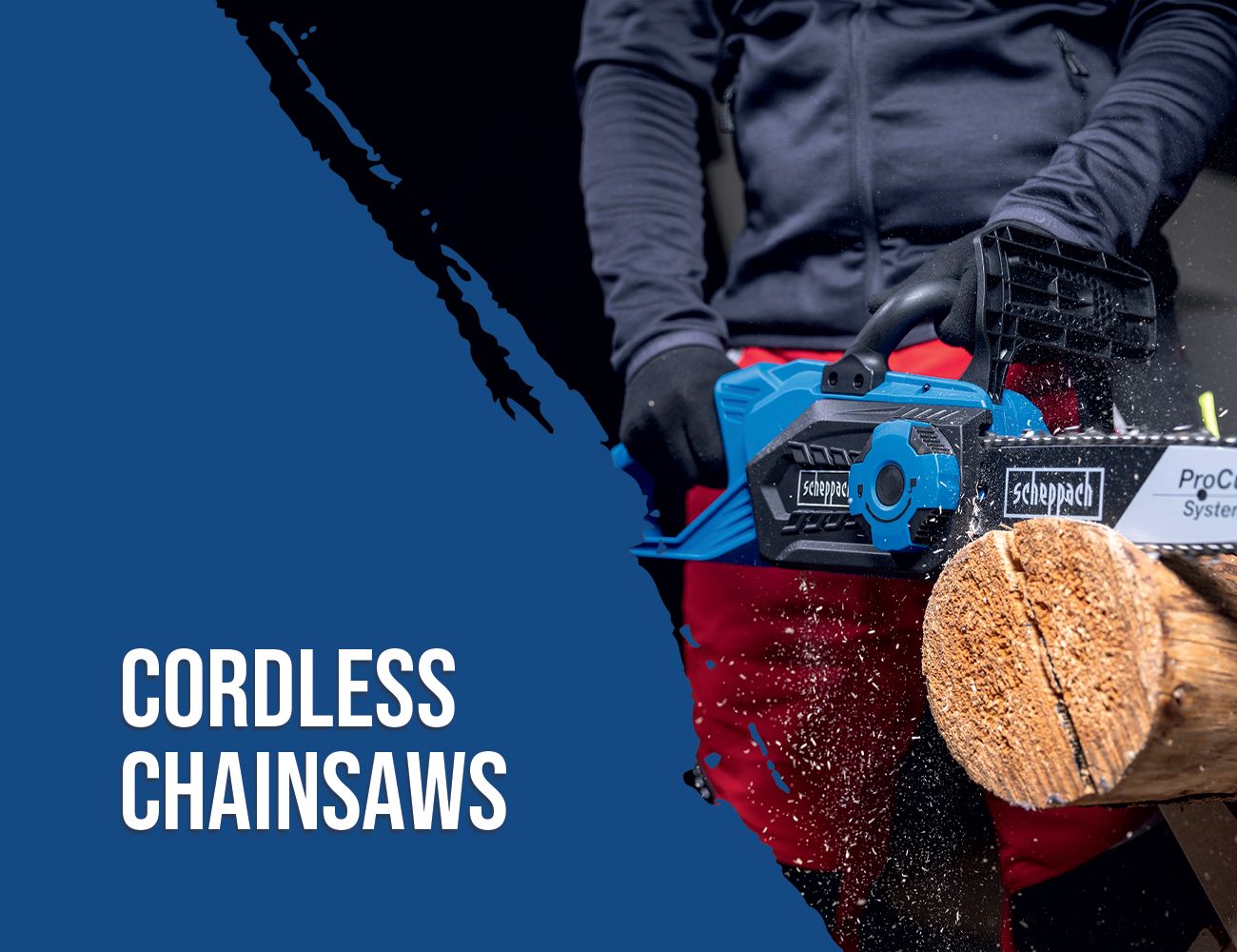 A Scheppach cordless chainsaw in action, cutting through a tree trunk. The handling of the chainsaw is shown.