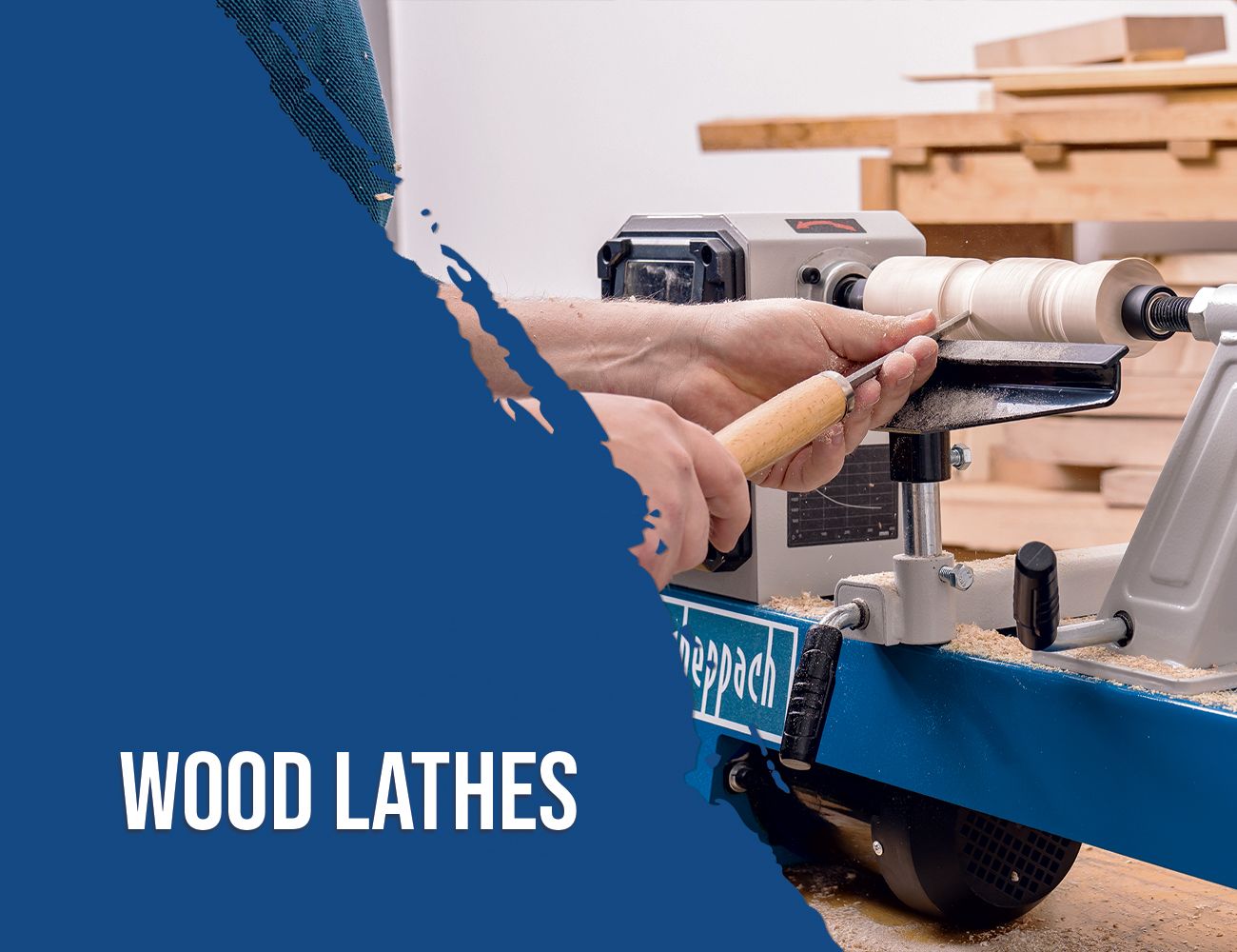 A Scheppach wood lathe in use. A user is shaping a piece of wood with a tool while the machine is running. Stacks of wood are visible in the background.