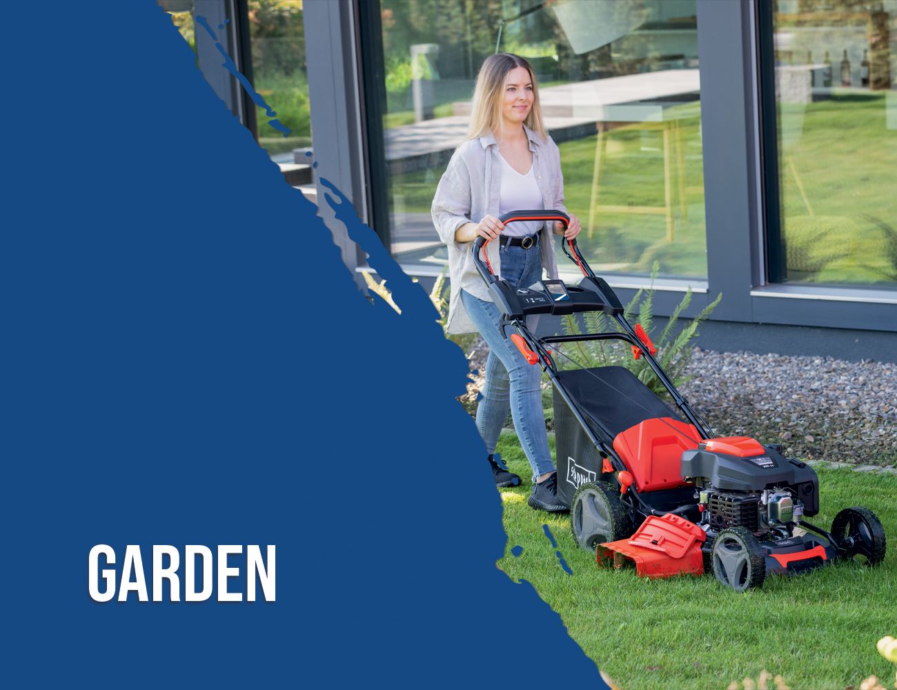 A person is pushing a lawnmower on a lawn. In the background, there is a modern house with large windows. The image category is garden.