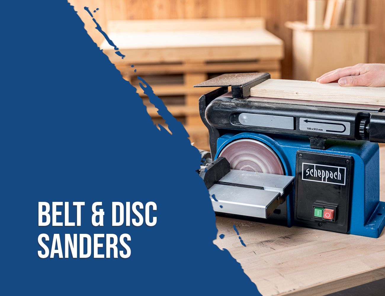 Scheppach belt and disc sander in use. Tool processes a wooden board.