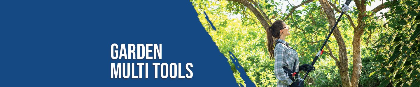 A person trimming branches with garden shears in a green garden. The Scheppach website displays garden tools.