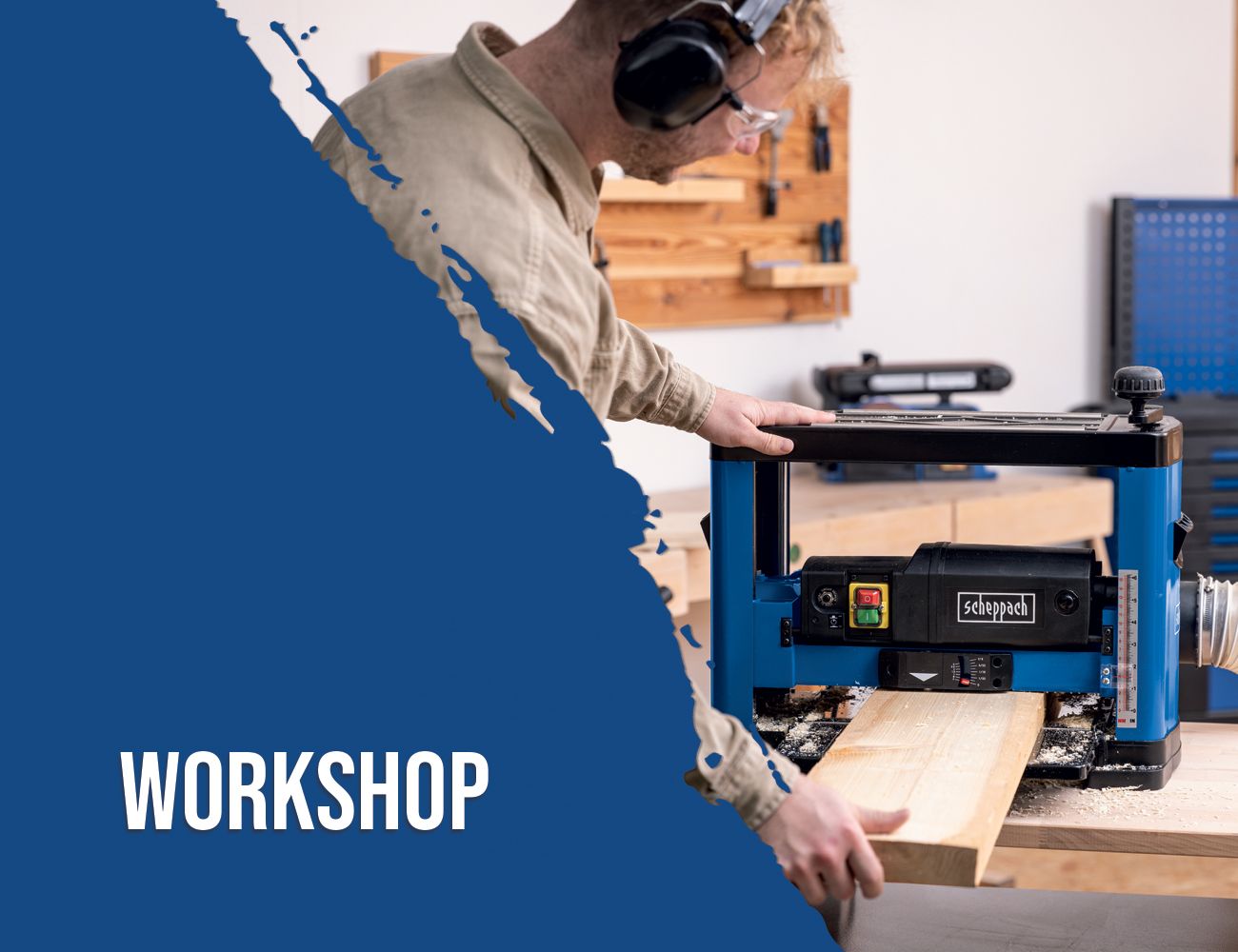 A worker operates a Scheppach workshop machine, processing a wooden board.
