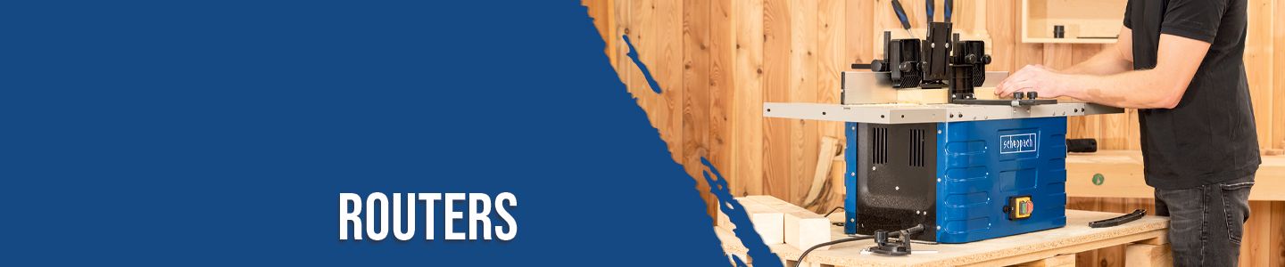 A man is operating a Scheppach router in a workshop. The router is mounted on a wooden table with various adjustment options. The workshop has wooden walls and tool shelves in the background.