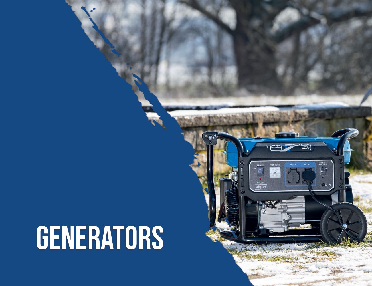 A Scheppach generator on a grassy area with snow in the background. The generator has a black and blue colour scheme and features various outlets.