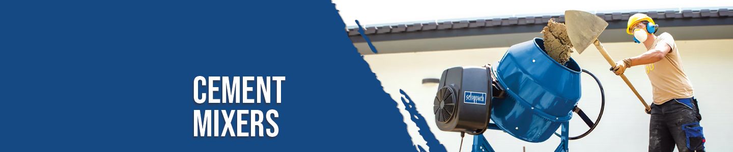 A worker in protective gear is filling a Scheppach cement mixer with concrete. The mixer is in use on a construction site.