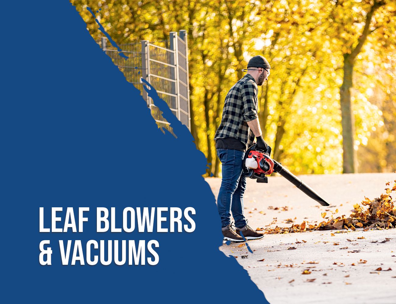 A man using a leaf blower in a park. Scheppach leaf blowers and vacuums are perfect for garden maintenance.